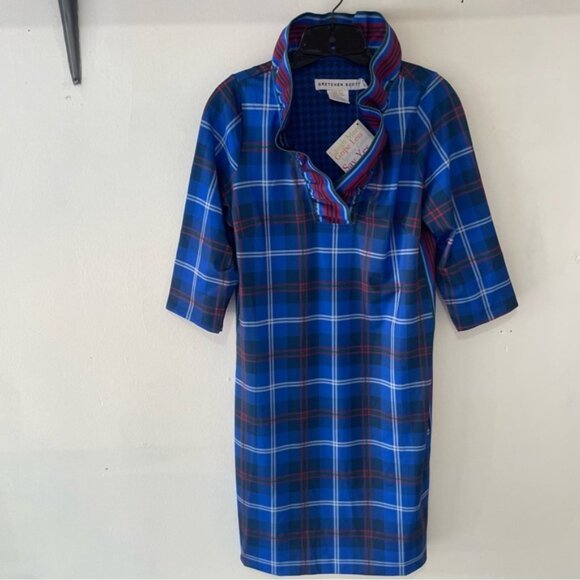 New! Gretchen Scott Designs Blue Middleton Plaid Ruffle Neck Dress 37534 - Picture 2 of 9